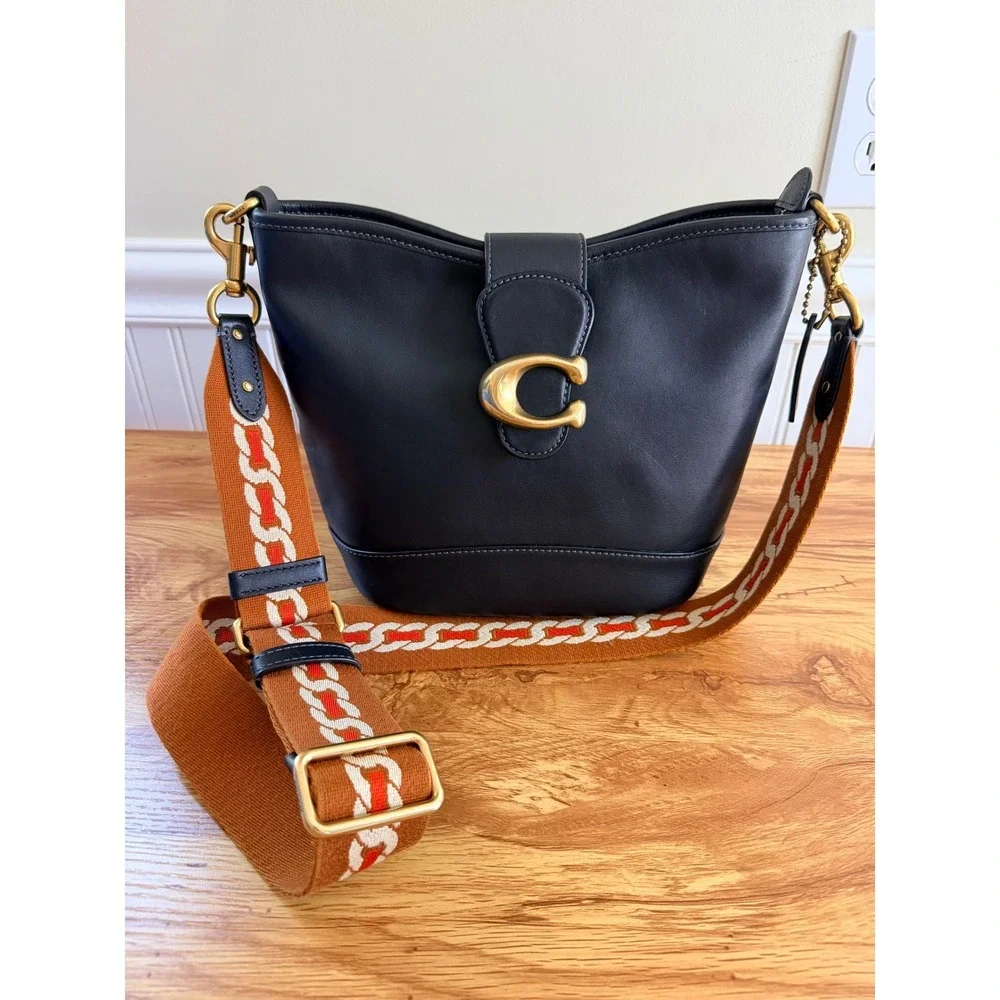 Coach Tabby Bucket Bag Black Leather Orange Statement Strap CA112 Medium